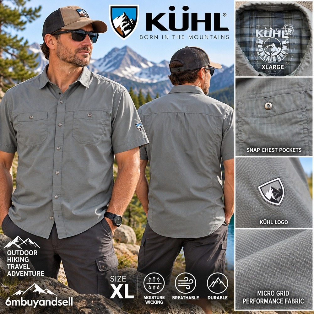Kuhl Mens XL Short Sleeve Button Down Shirt Gray Micro Grid Hiking Outdoor 7453